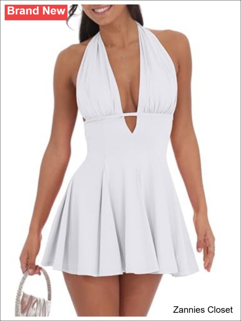 ๐ป BEAGIMEG Halter Tie Up Back Backless Deep V A-line Club Party Mini Dress